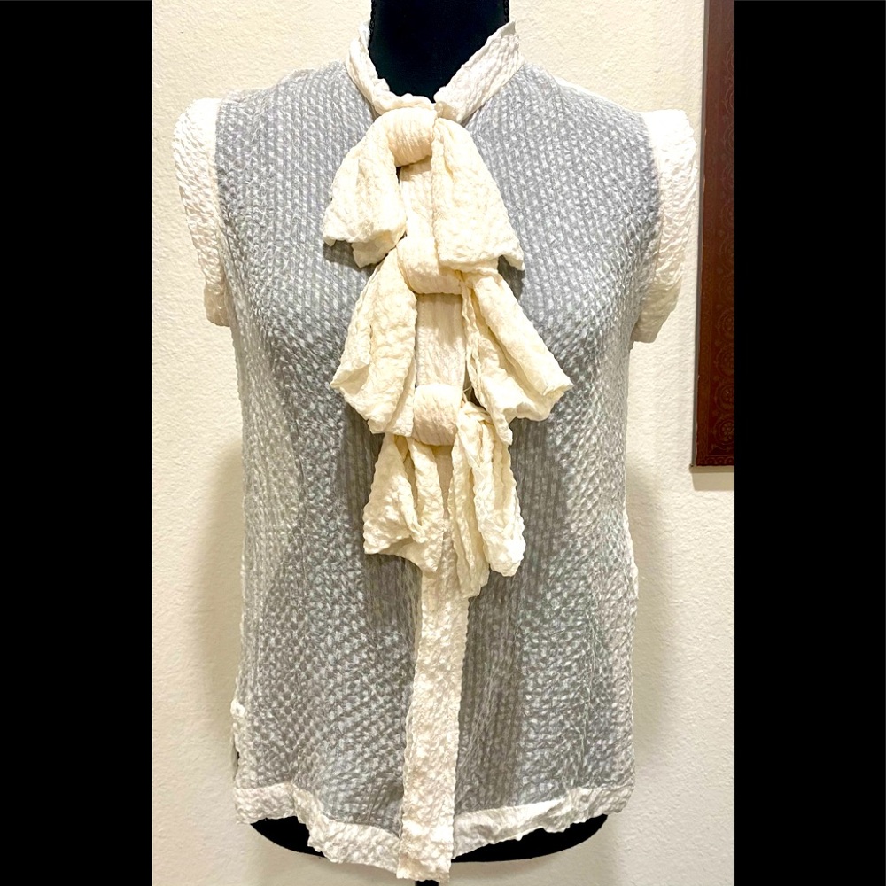 Biba Biba Biba Bow Brigade Sheer Silky Seersucker Ivory Blouse, made in UK, 6
